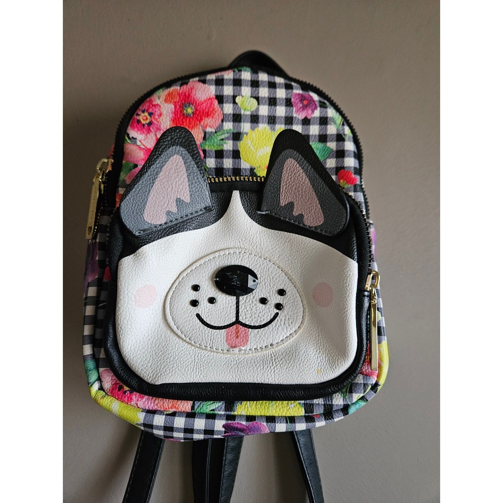 Betsey Johnson Backpack Faux Leather Checkered Floral Dog Face Adjustable Strap